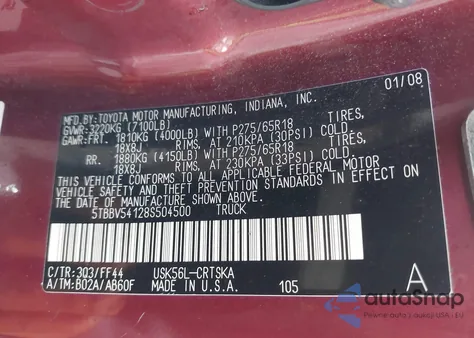 2008 Toyota Tundra Sr5 5.7L V8 из США, поврежденный, VIN 5TBBV54128S504500